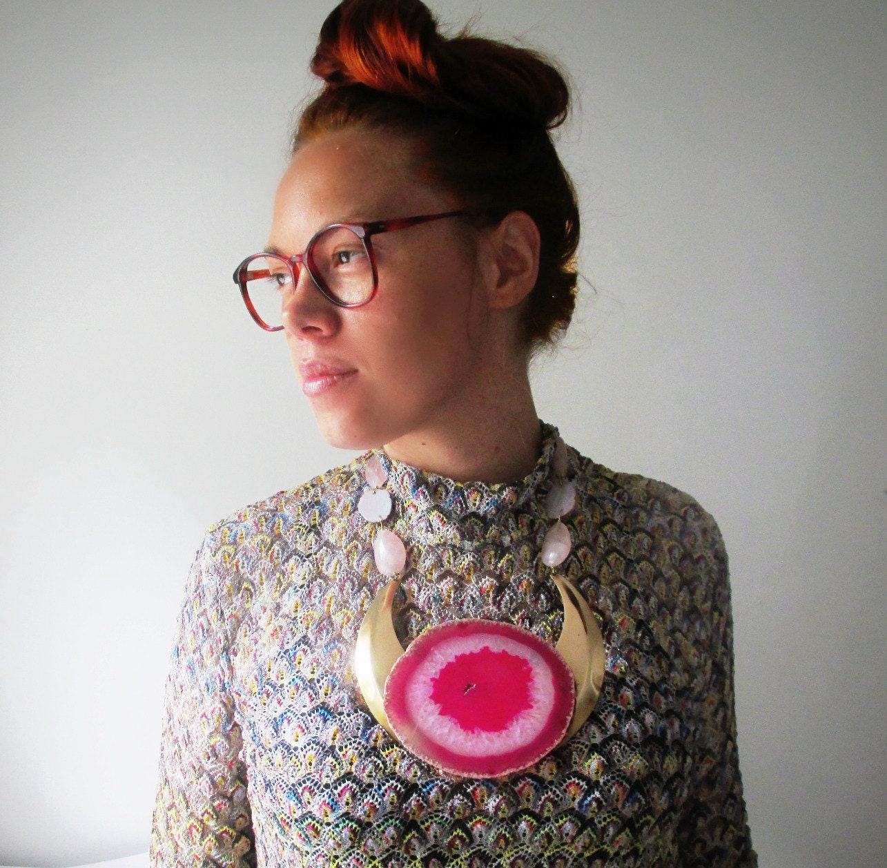 Statement Necklace. Pink Agate Stone. Geode And Rose Quartz Gypsy Jewelry.