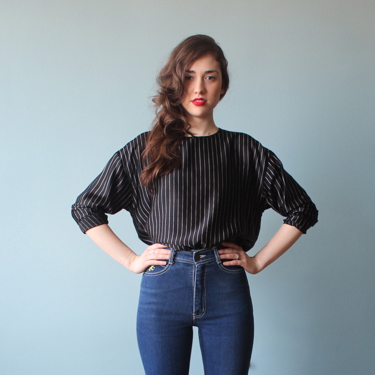 silk pinstripe box top /  black stripe silk blouse (s-l)