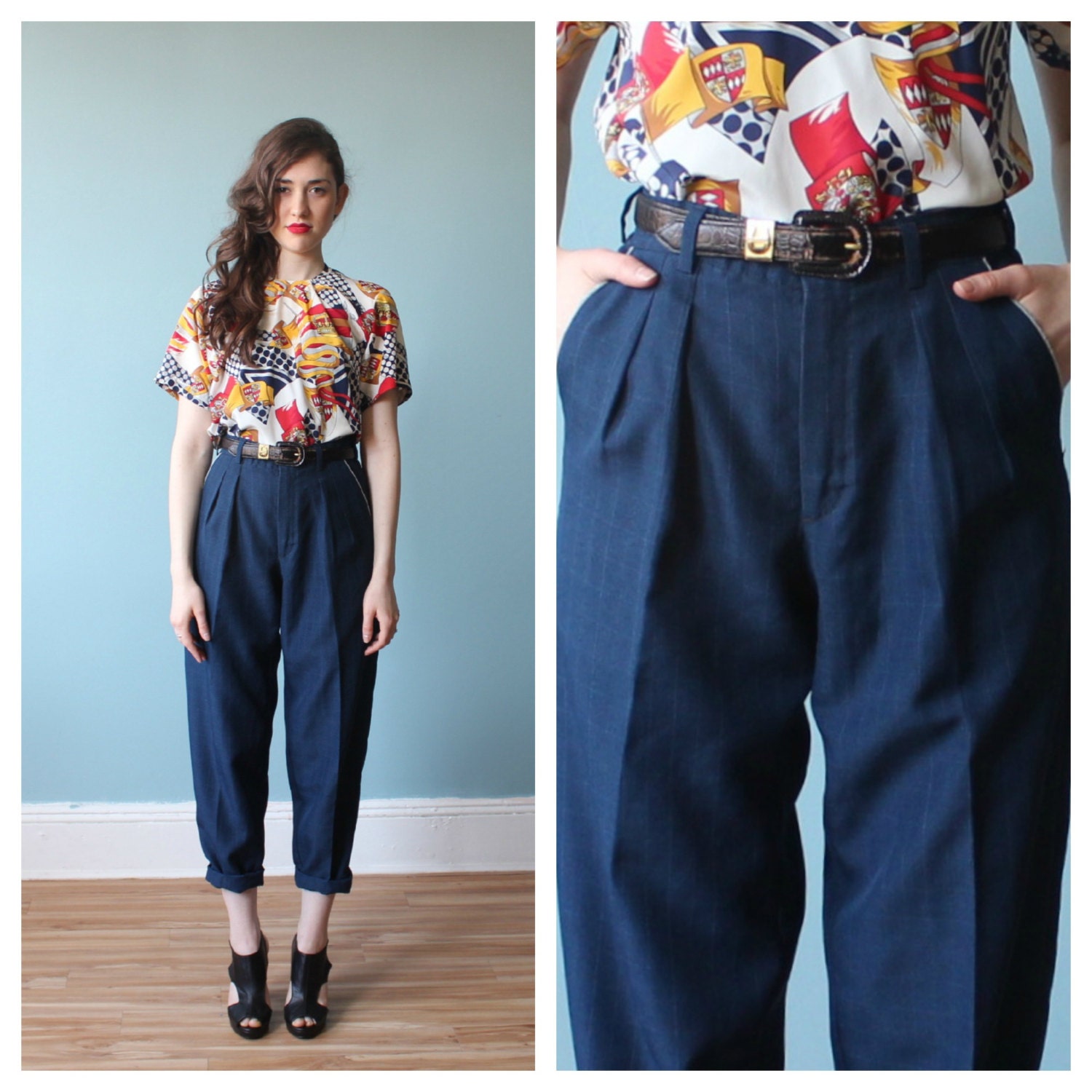 navy high waist pinstripe pants / menswear trousers small