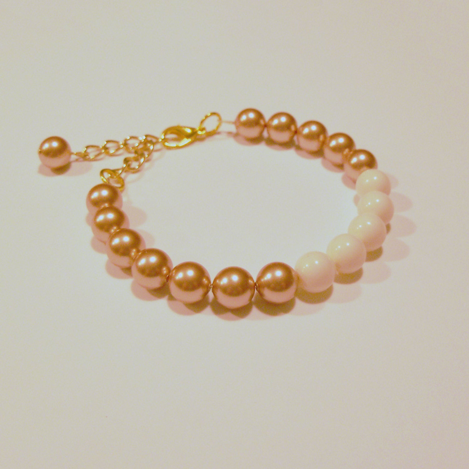 Pink champagne and ivory cream Swarovski pearl color block adjustable stackable bracelet with gold or silver chain