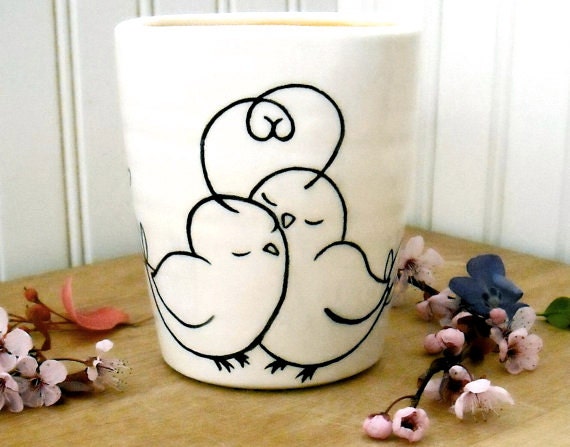 Bird Cup, Vase - PEEP - Wheel Thrown, Painted Pottery Cold Drink Glass, Coffee, Tea Tumbler - Great Mom, Baby Shower Gift