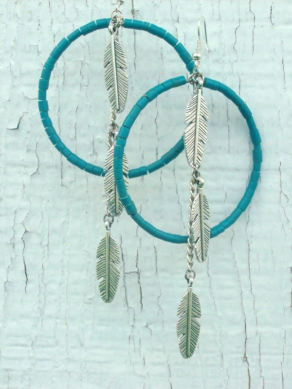 Feather Woman Turquoise Dancing Hoop Earrings - Native American Earrings - Tribal Earrings - stoneandbone