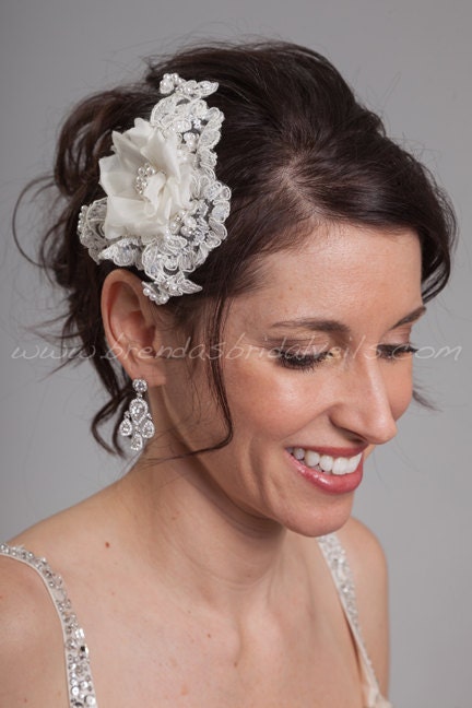 Lace and Silk Flower Bridal Head Piece, Wedding Lace Hair Piece, Lace Birdcage Fascinator - Presley