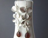Orchid Earrings - Garnet Gemstones - Long Drop Earrings with Silver Orchids - Flower Earrings