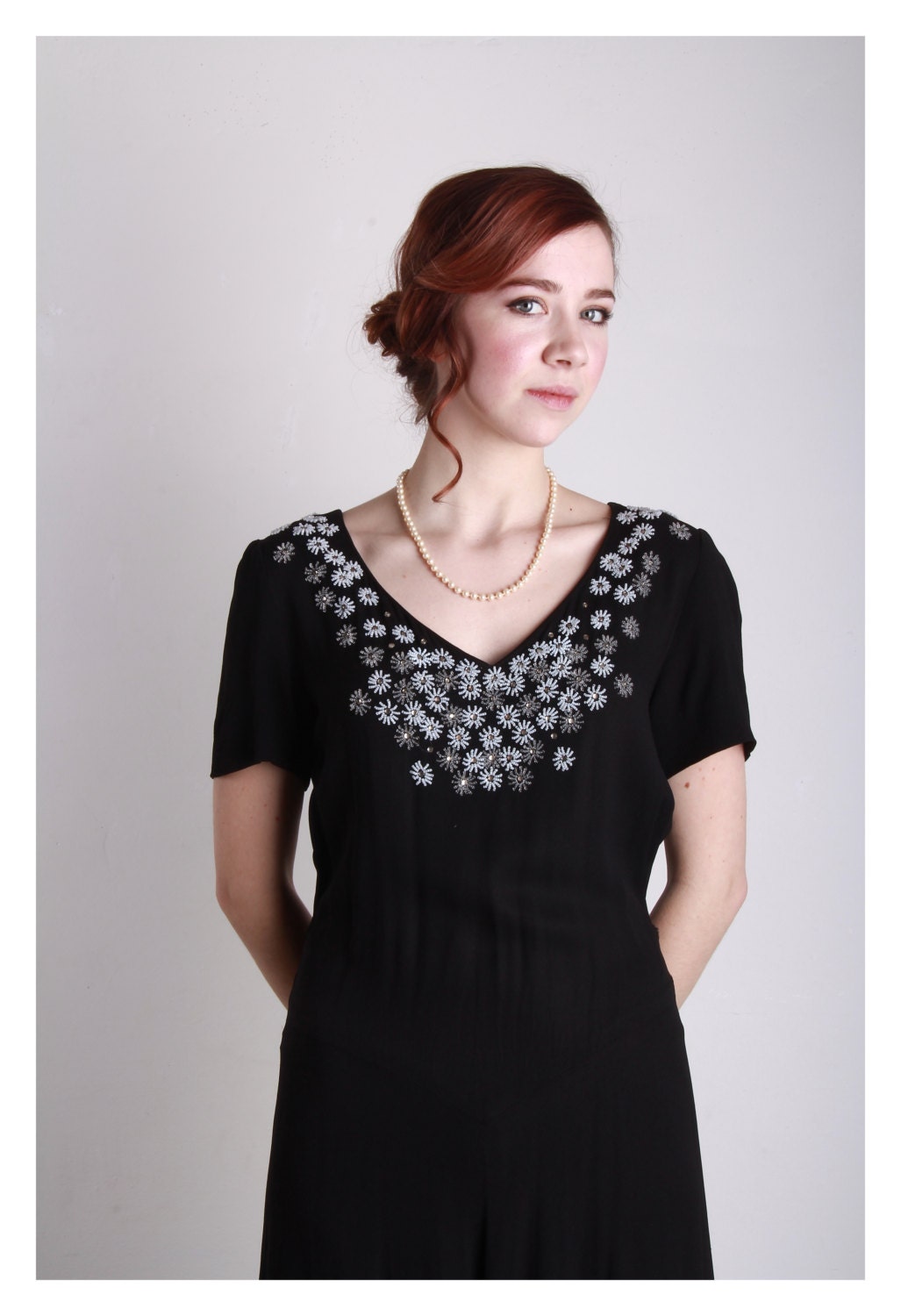 1930s Maxi Dress . Glass Beaded Gown . LBD . Black Rayon