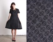 Vintage 2 Piece . Sheer Black Mesh . CIRCLE EMBROIDERY . 1940s Noir