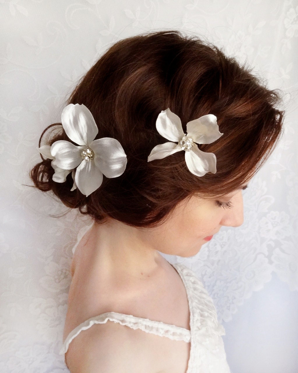 white flower rhinestone hair pins, bridal accessories - SATIN DOGWOOD - set of wedding hair clips