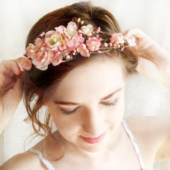 pink floral crown, pink cherry blossom, wedding flower hair circlet - LOVE SONNET - bridal hair accessories, floral wreath