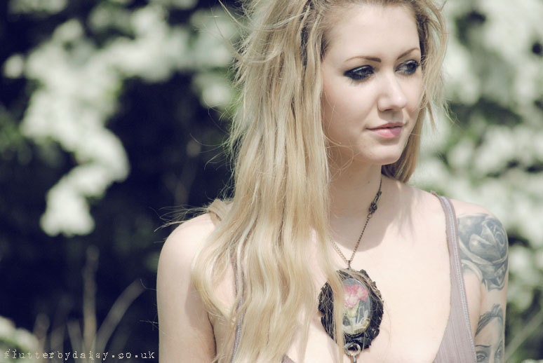 SECRET GARDEN Necklace in Dark Pink and Black with real pressed flowers in resin and an old painted key OOAK