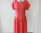 1950's Vintage Coral Cotton Dress with Tiny Roses Medium 38 Inch Bust