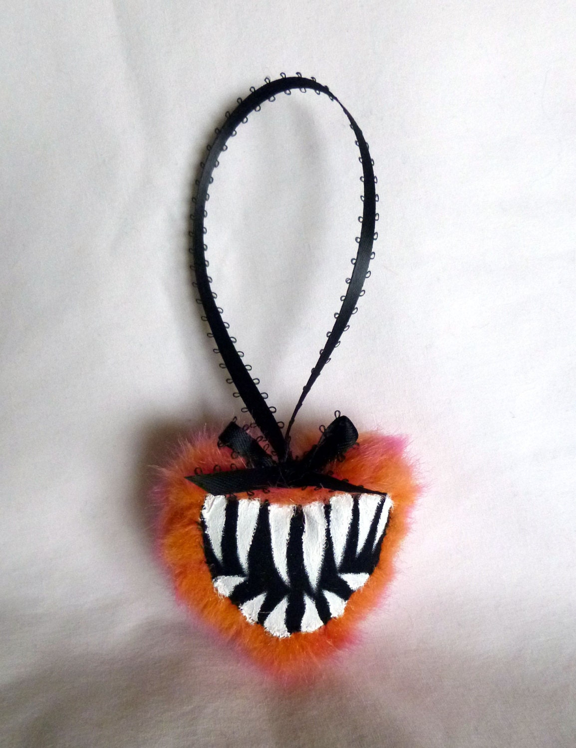 Fuzzy Heart with Teeth in Sherbet Orange- charm or ornament- Valentine's Day