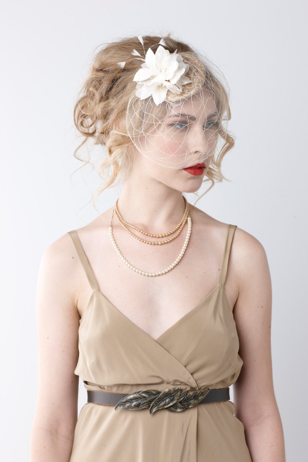 Bridal headpiece & veil, gold mini hat- organza flowers, floating feathers with Dreamcatcher blusher