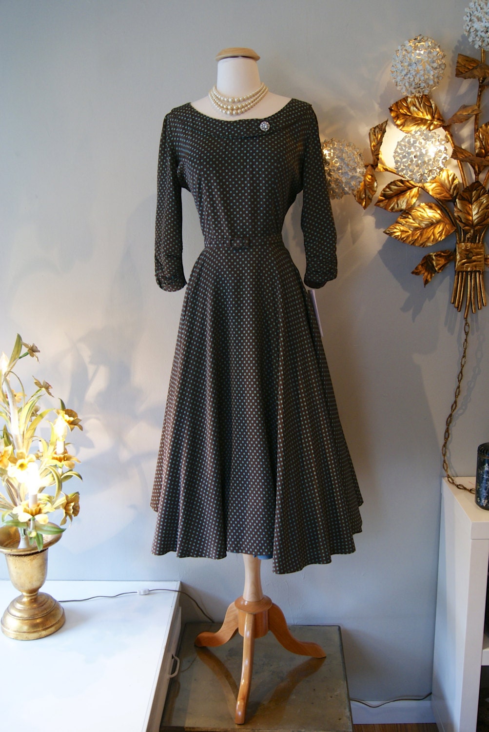 1950's Dress // Vintage 50's Turquoise Polka Dot Party Dress