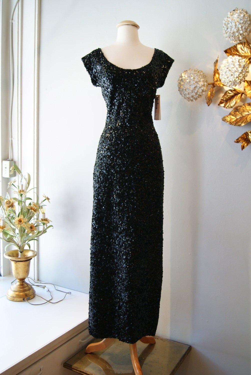 60s Dress // Vintage 1960s Black Sequined Evening Gown By Gene Shelley