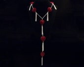 extra long red velvet hearts and bright silver toned chain tassels Y-necklace