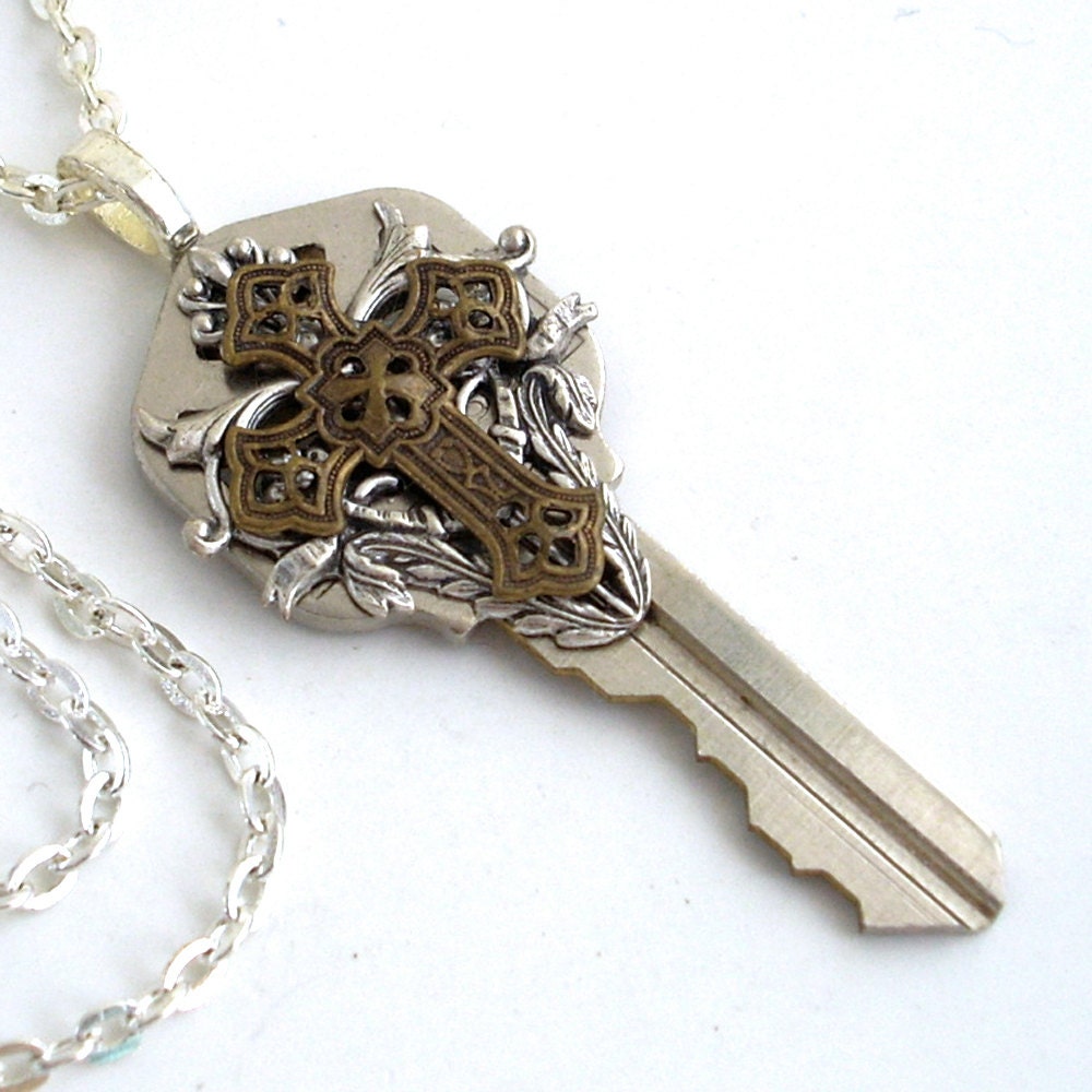 Key Necklace Handmade Jewelry - Key to the Kingdom - Cross Pendant
