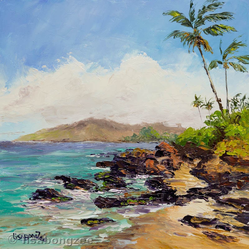 MAUI BEACH Framed Original Oil Painting Art Artwork Charley Young Kamaole Tropical Ocean Surf Waves Wedding Hawaii Island LISABONGZEE