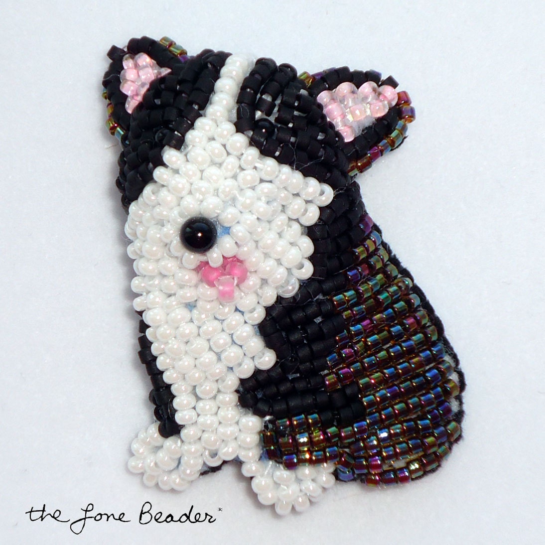 Beaded Black & White CORGI PUPPY dog bead art pendant necklace (Ready to Ship)