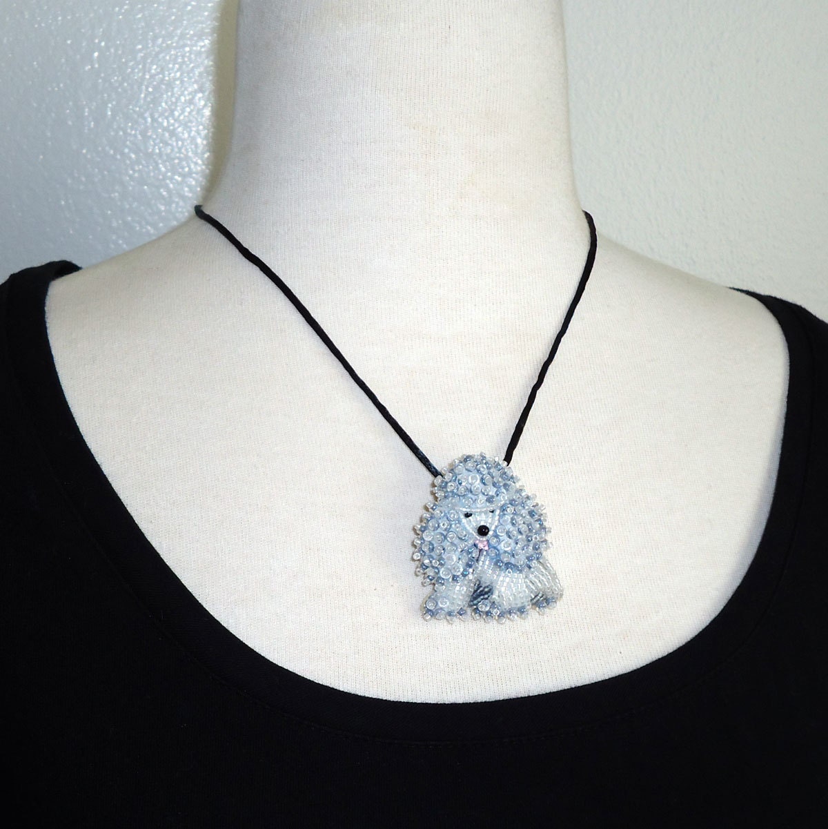 Gray & White Delica Beaded TOY POODLE pin pendant (Ready to ship)
