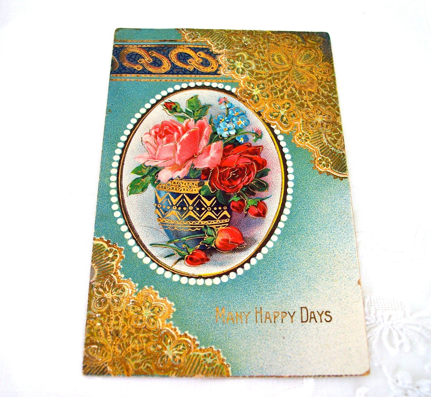 Antique Postcard Many Happy Days Horseshoe and Flower Motif Circa 1914