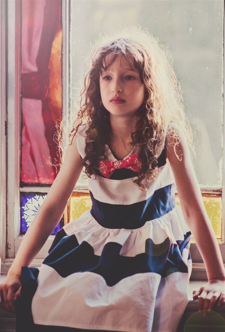 Girls Navy and White Stripe Peter Pan Collar Bow Tie HARBOR Dress... Sizes 12/18M through 14