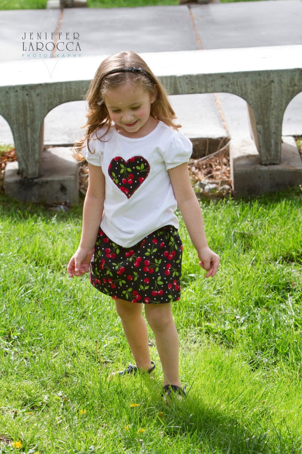 Retro Cherries and Polka Dot - Girls Appliqued Shirt and Skirt Set - Choose Black or White Shirt