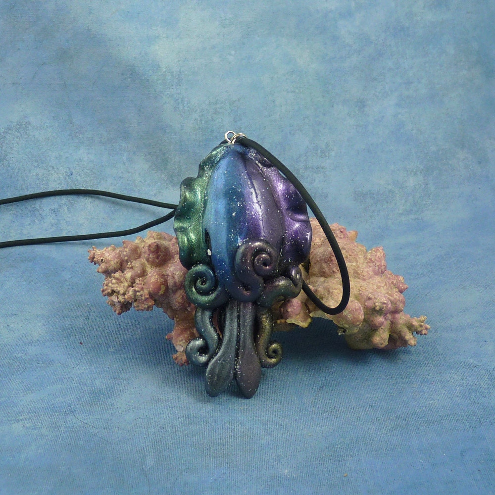 Deep Space Cuttlefish Necklace, Handmade Polymer Clay Jewelry