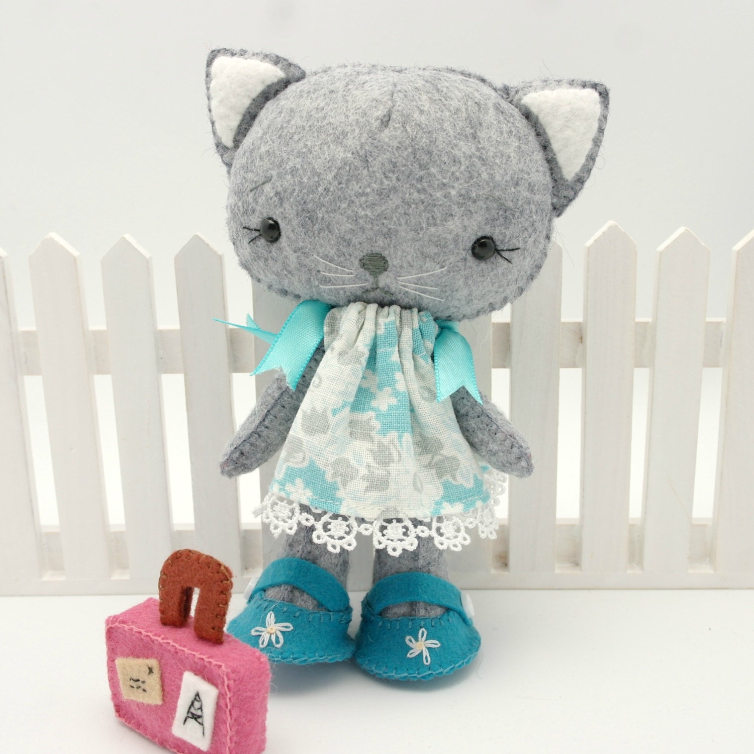 Kitten Plush Collectible Doll Wool Felt Grey Cat Flora the Explorer by Gingermelon  Feedsack Pillowcase Dress