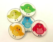 5 Bright Round Bird Buttons.  5 Assorted Handmade Buttons for Sewing.  3/4" or 20mm round.