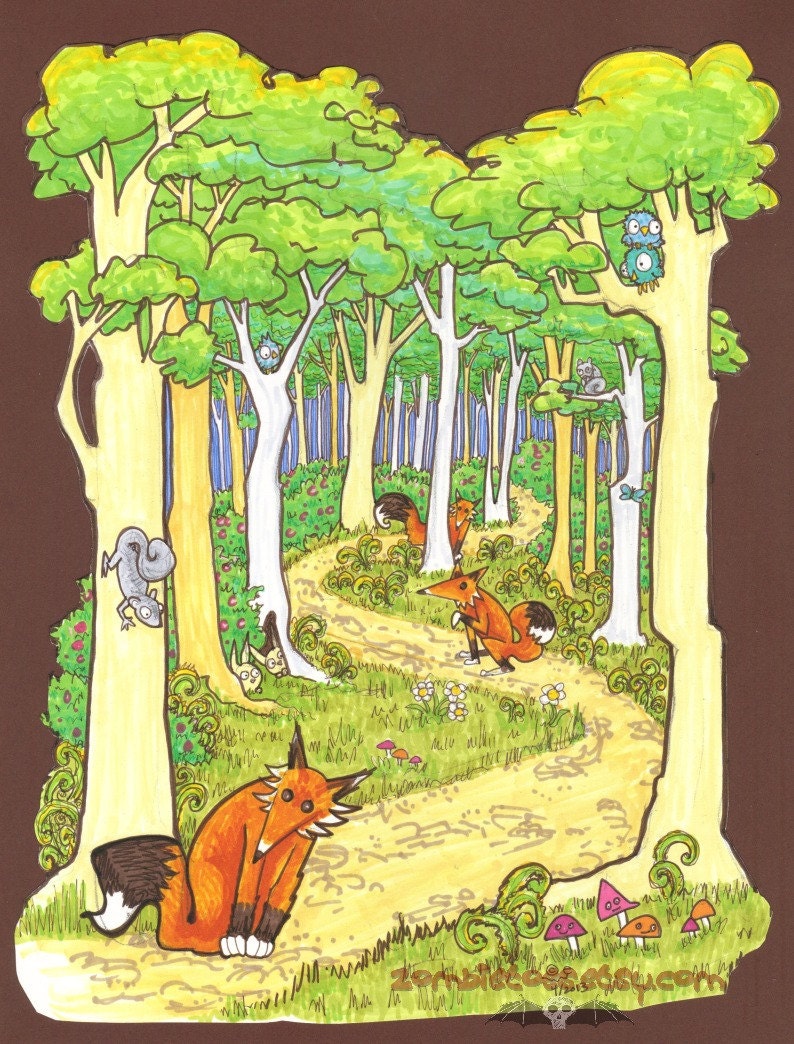 Fox Walk forest trees woods Curious Path pen and ink Cartoon Illustration lowbrow colorful story art