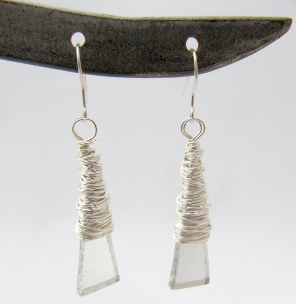 long glass earrings, everyday jewelry, recycled glass jewelry, silver dangle earrings, wire wrapped drop earrings, wire wrapped dangles