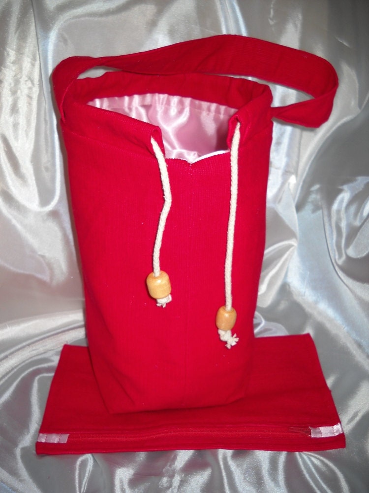 Knitting bag, sock knitters bag, zipper notions pouch, pockets, drawstring, crochet tote, red corduroy n pink poly satin