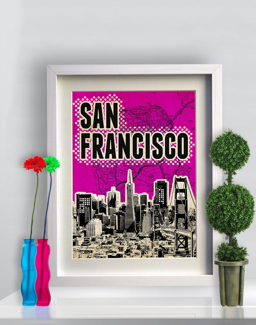 San Francisco Print art Poster print Cityscape artwork  Mixed Media art on canvas Handmade Wall Decor typography print