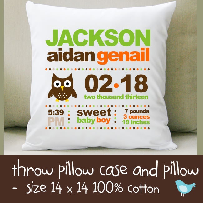 Birth announcement new baby gift owl throw pillow