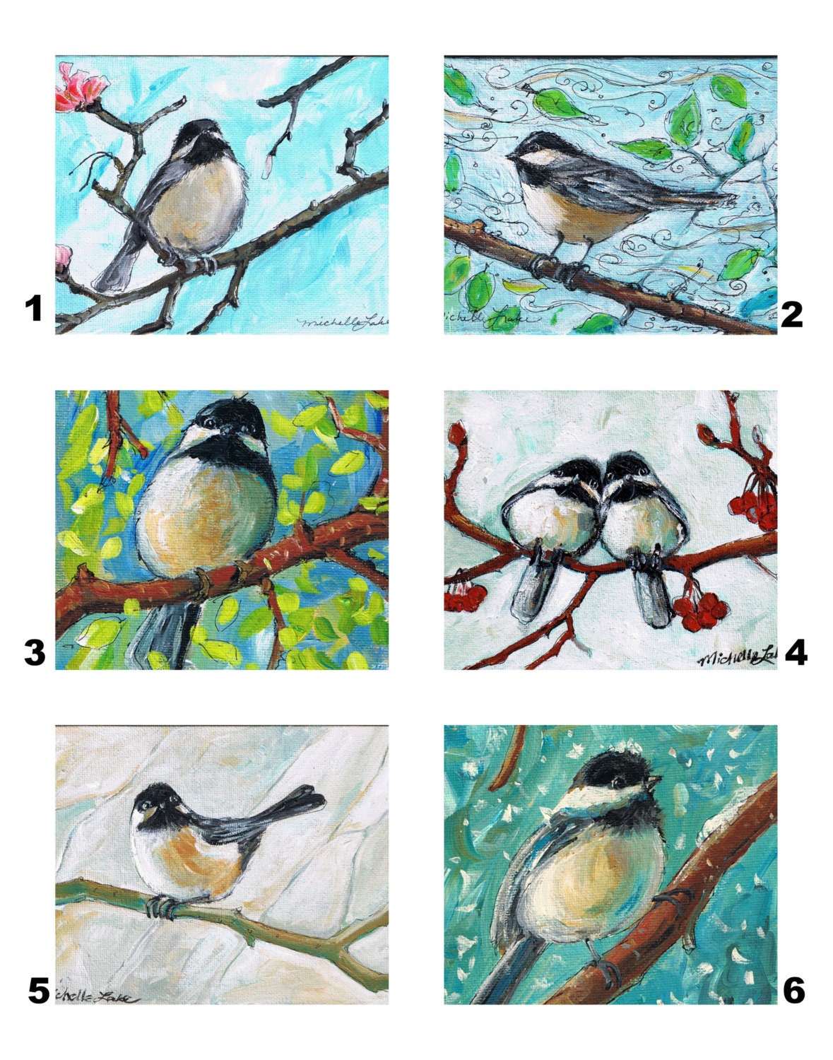 Chickadee 5 x 7 art prints Buy Three get the Fourth one FREE