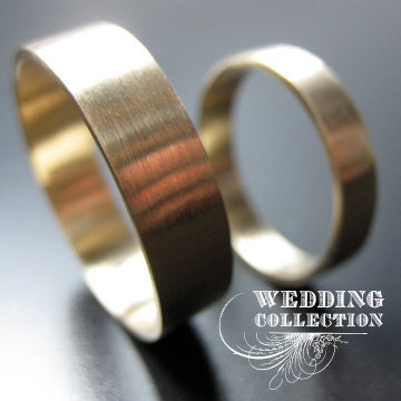 Wedding Bands Recycled Hand Forged 14k Yellow Gold Ring Band Set Satin Finish Eco Friendly Metal