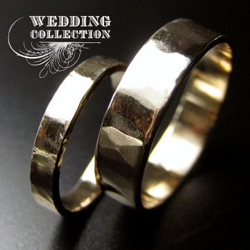 Recycled Hand Forged 14kt Yellow Gold Ring Band Set Hammered Finish
