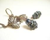 Brass filigree earrings black marbled glass lever backs