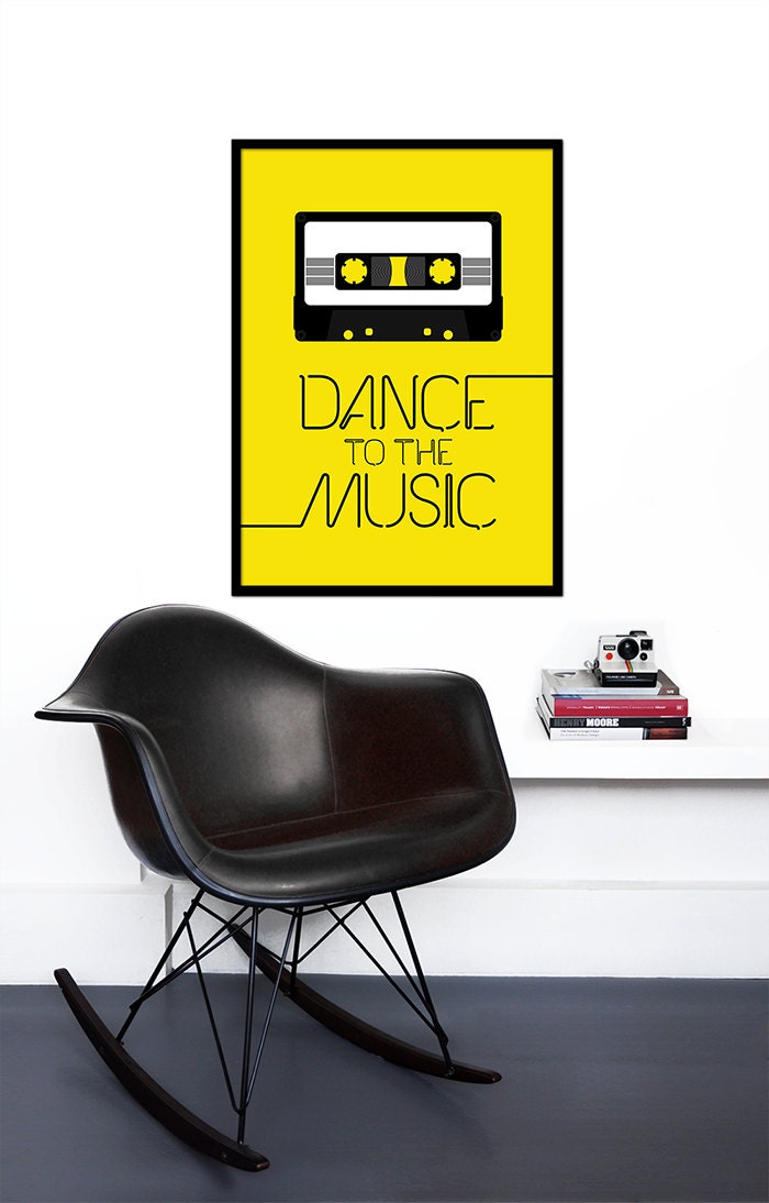 Retro poster music print typography kitchen art office 70s 80s cassette tape - Dance to the Music Yellow 50 x 70cm