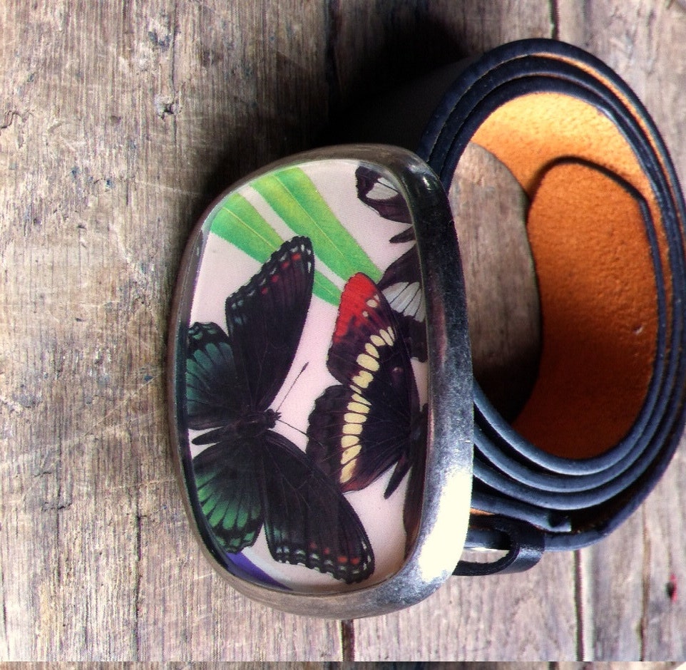 swarm- repurposed vintage butterfly book cover pewter buckle and belt.