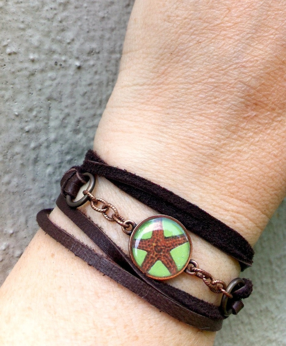 at the beach: repurposed vintage starfish illustration deerskin suede wrap bracelet/choker