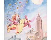 Shine Bright: Nursery Art Print - Children's Art - Girl's Room - Home Decor - new york - moon - airplane  - sunset - Stars - 8 X 10