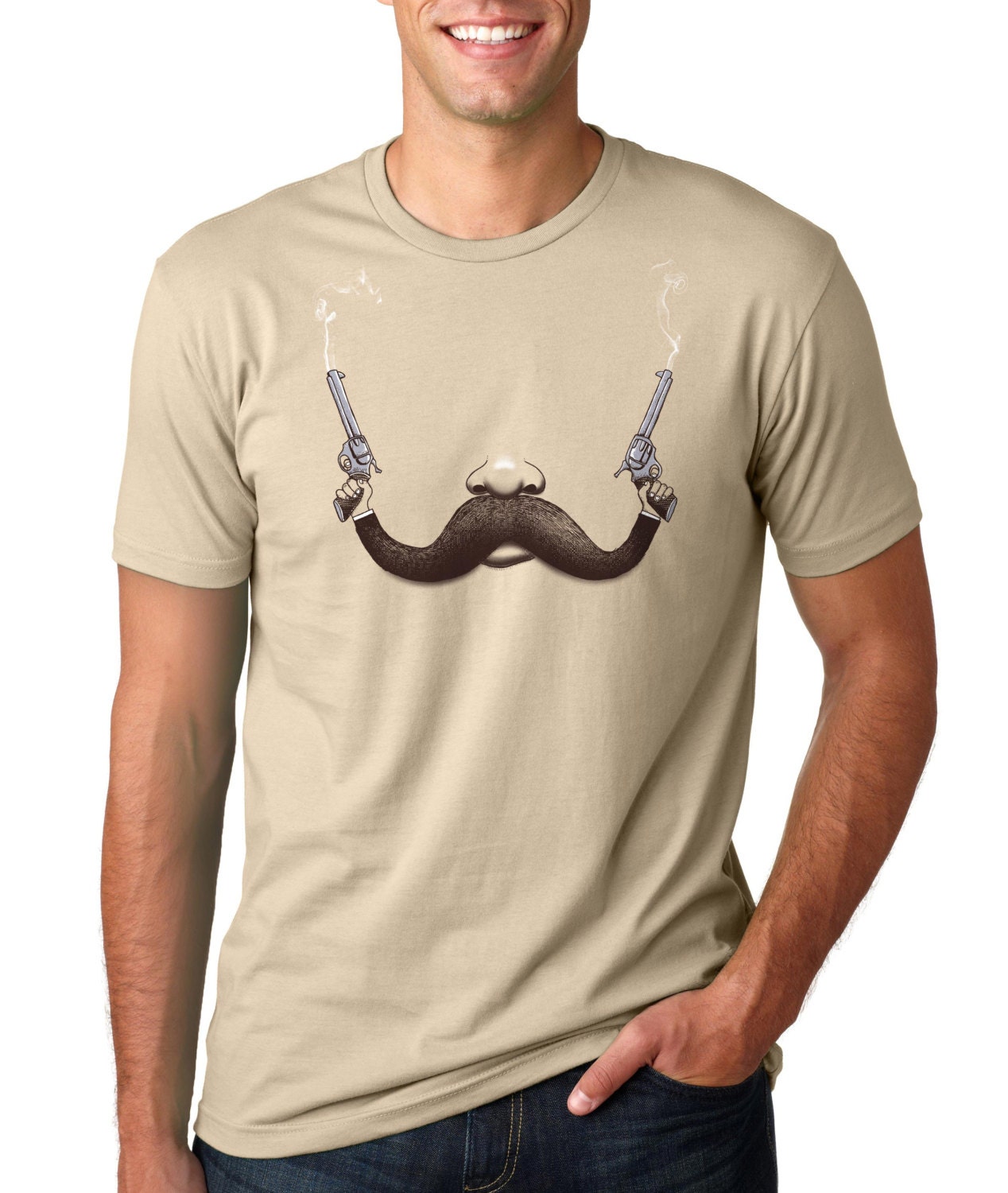 Funny T Shirt, Mens Mustache Tee, Moustache, Guns, Pistols, Western, S M L XL XXL