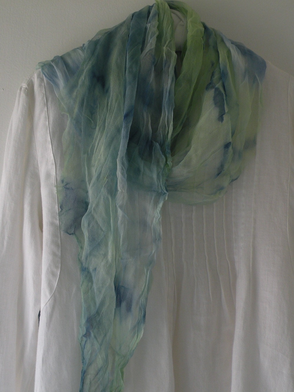 Silk scarf, hand dyed women's long sheer silk gauze fashion scarf, blue green aqua, nuno felting supplies 6 feet x 16 inches i760