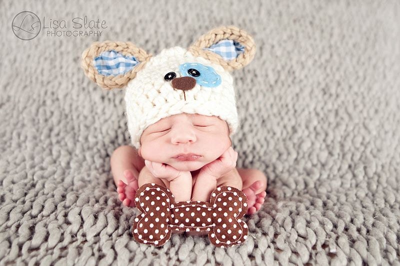 Puppy Hat .. newborn dog hat .. puppy beanie .. newborn photo prop .. doggie and bone hat set .. NEWBORN SIZE