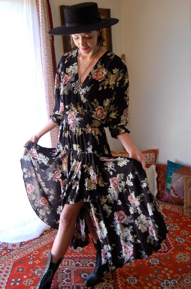 Floral Dress Vintage Black Rose Floral Draped Boho Maxi Dress (s m)