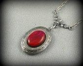 Paua Pink Silver Locket, Vintage Inspired Oval Cabochon, Pink Shocking PInk Fuchsia, Botanical Locket-  BLUSH