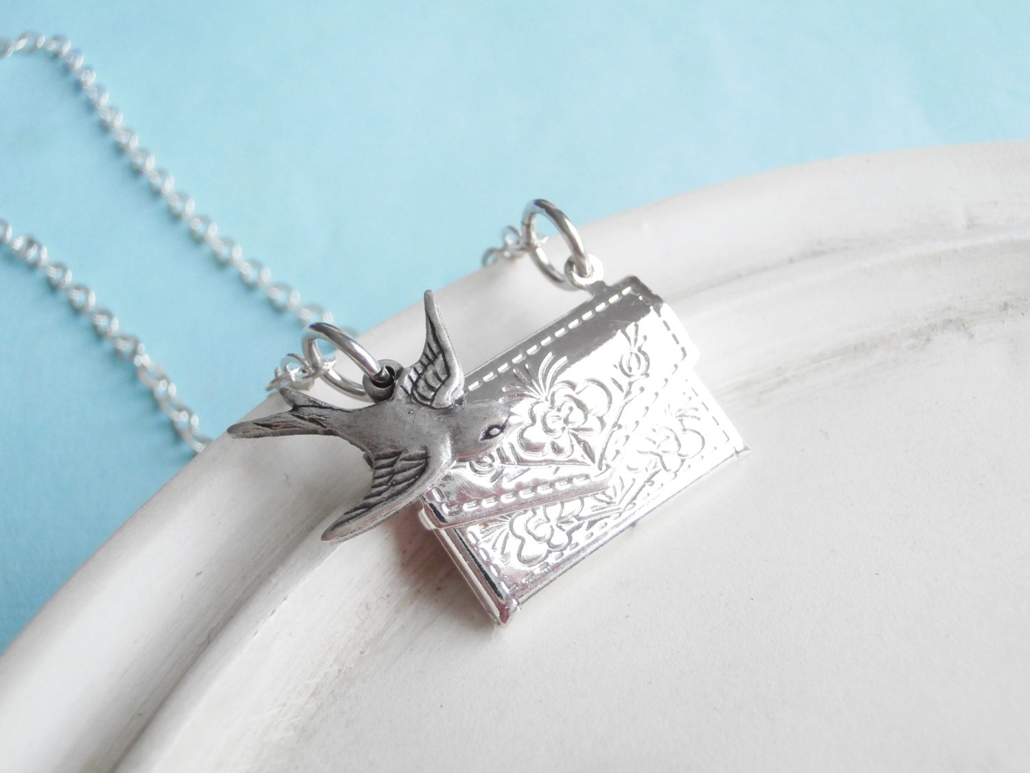 Silver Locket Necklace Envelope Locket Love Letter Bird Necklace