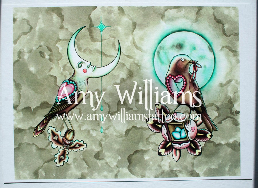 Head and Heart Moonbirds Tattoo Art A3 Print