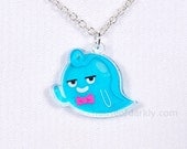 Waving Ghost with bow tie translucent acrylic necklace on silver chain for paranormal fans